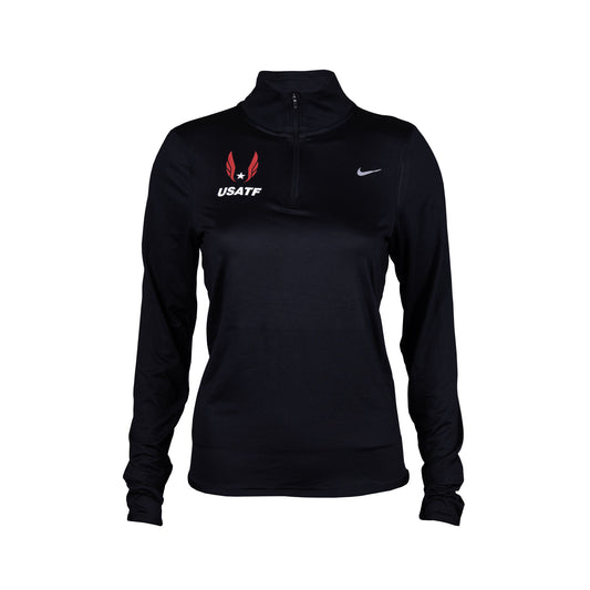 Nike USATF Women's Dri-FIT Swift UV Half-Zip running top in black with a small Nike logo on the chest and a USA Track and Field logo on the left sleeve.