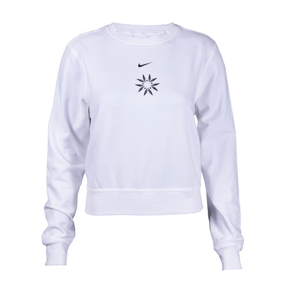 A white Nike USATF women's French terry sweatshirt with the Nike logo and a USA Track and Field wing emblem on the front.