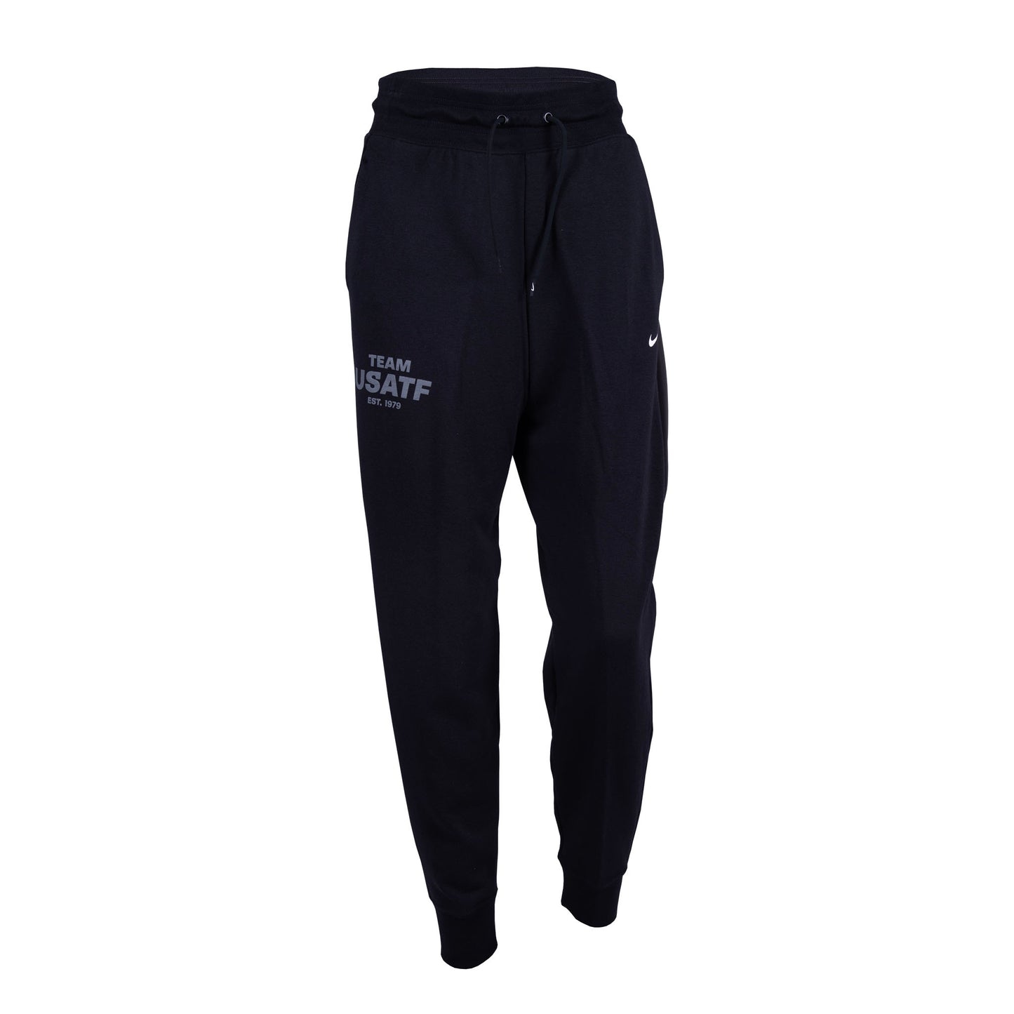 Nike USATF Women's High-Waisted 7/8 French Terry Joggers in black color with a drawcord waistband and pockets on the sides.