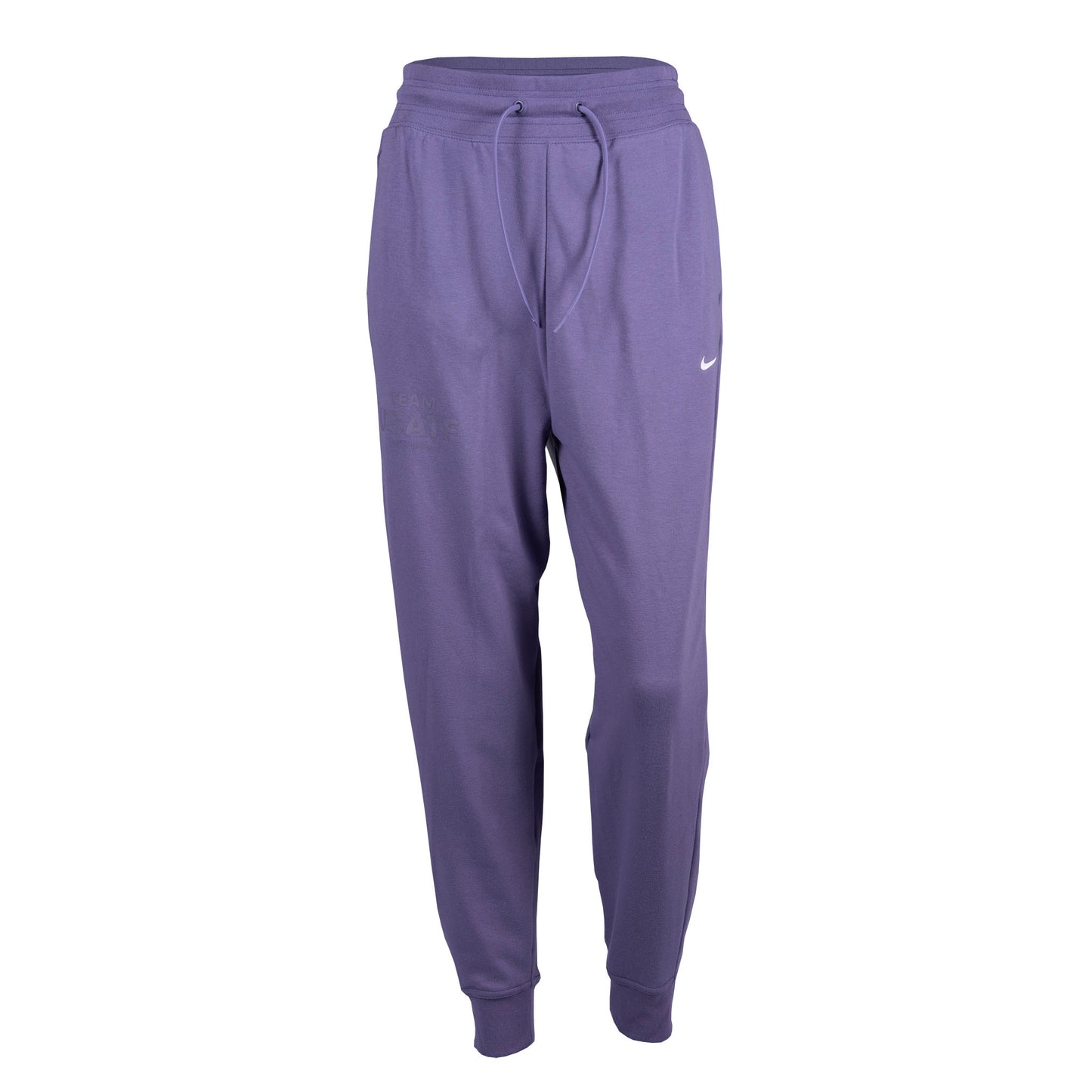 A pair of purple Nike high-waisted joggers with an elastic waistband and drawcord, featuring pockets on the hips.