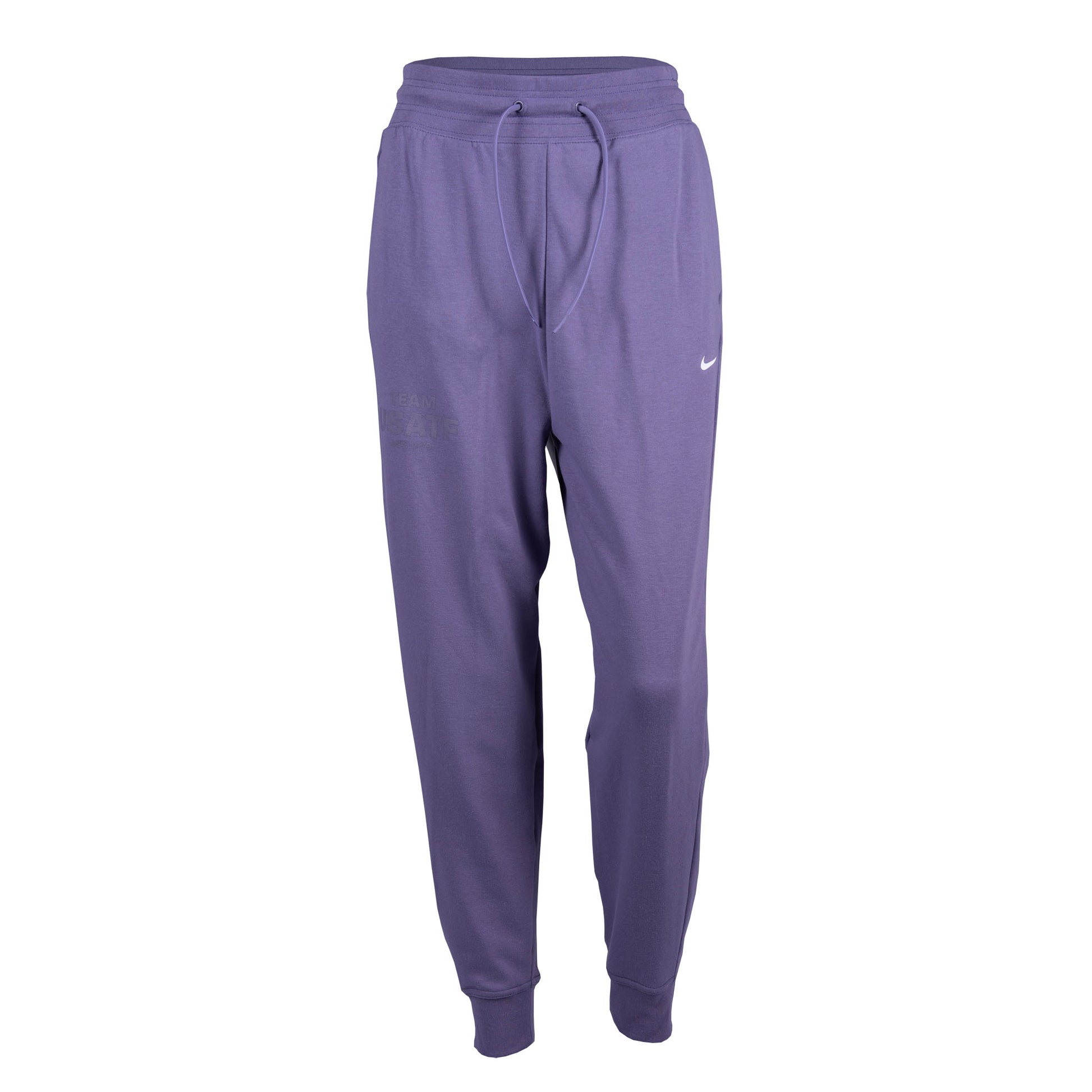 A pair of purple Nike high-waisted joggers with an elastic waistband and drawcord, featuring pockets on the hips.