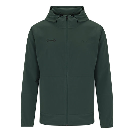 A green Nike USATF men's hooded jacket with full zipper and front pockets.