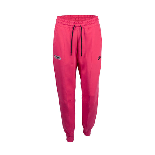 A pair of pink Nike USATF Women's Tech Fleece Mid-Rise Joggers with drawcord waist and ribbed ankle cuffs.