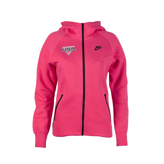 A pink Nike USATF Women's Tech Fleece Windrunner full-zip hoodie with a hood, pockets, and the Nike logo on the chest.