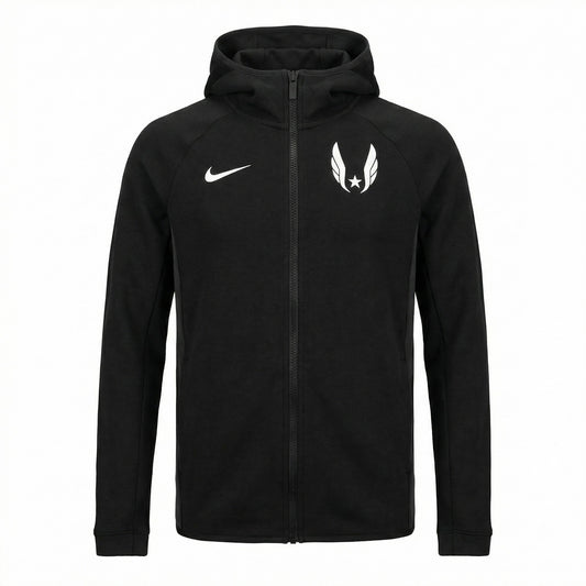 Black hoodie with a logo on a white background