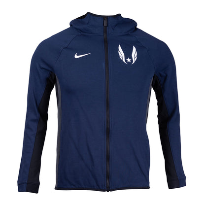 A navy Nike Dri-FIT Showtime full zip hoodie for youth, featuring the Nike logo and a distinctive logo on the hood.