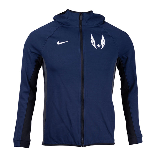 A navy Nike Dri-FIT Showtime full zip hoodie for youth, featuring the Nike logo and a distinctive logo on the hood.