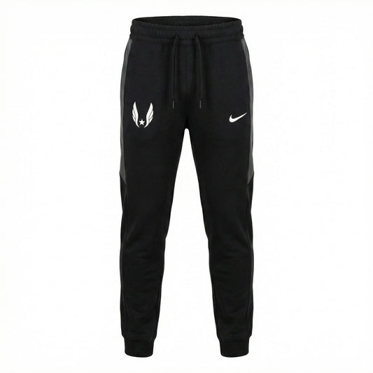 Black sweatpants with a white graphic design on a white background