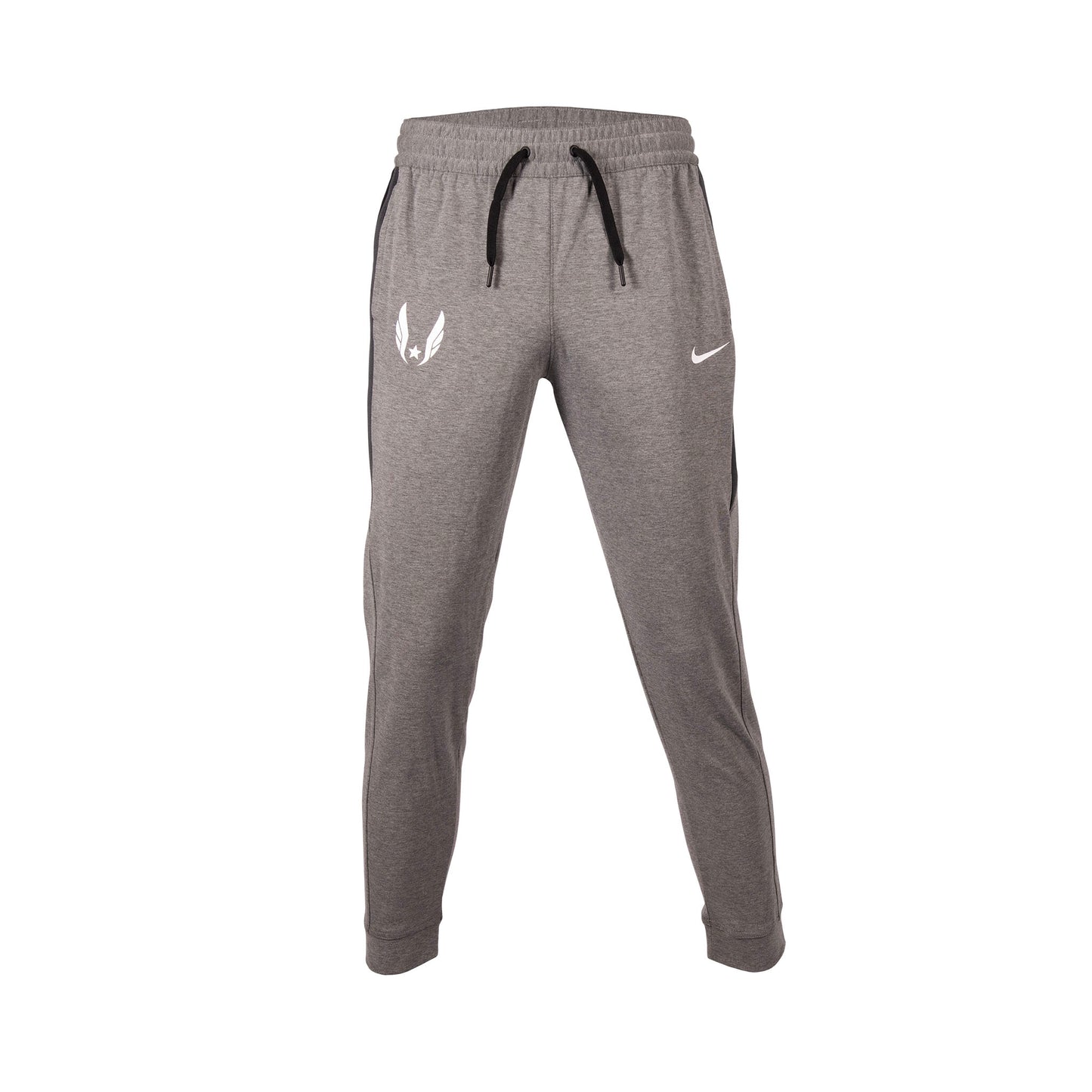 Gray jogger pants with a logo on a white background