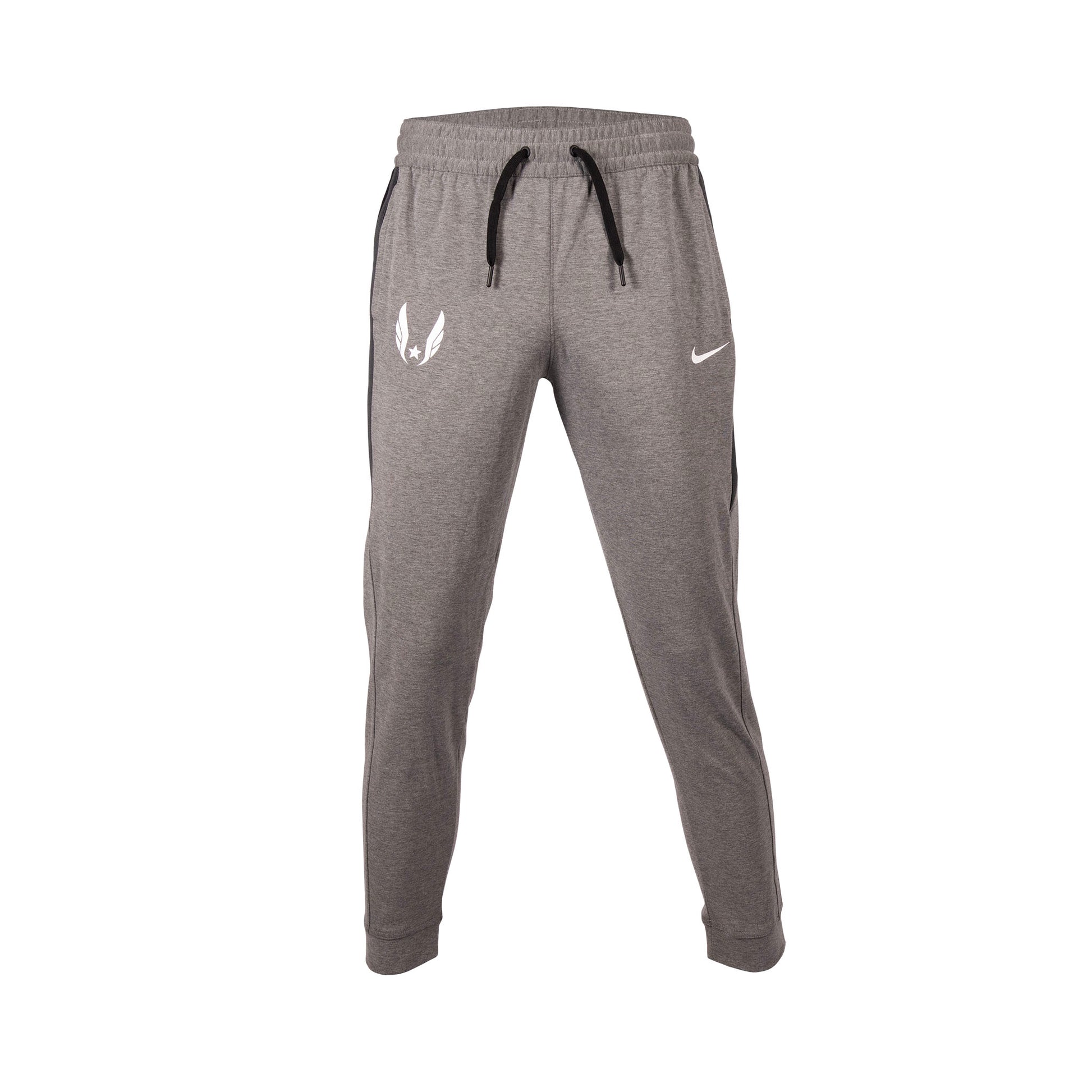 Gray jogger pants with a logo on a white background