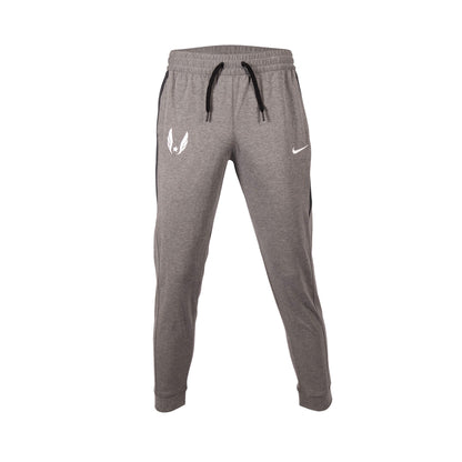 Gray jogger pants with a logo on a white background