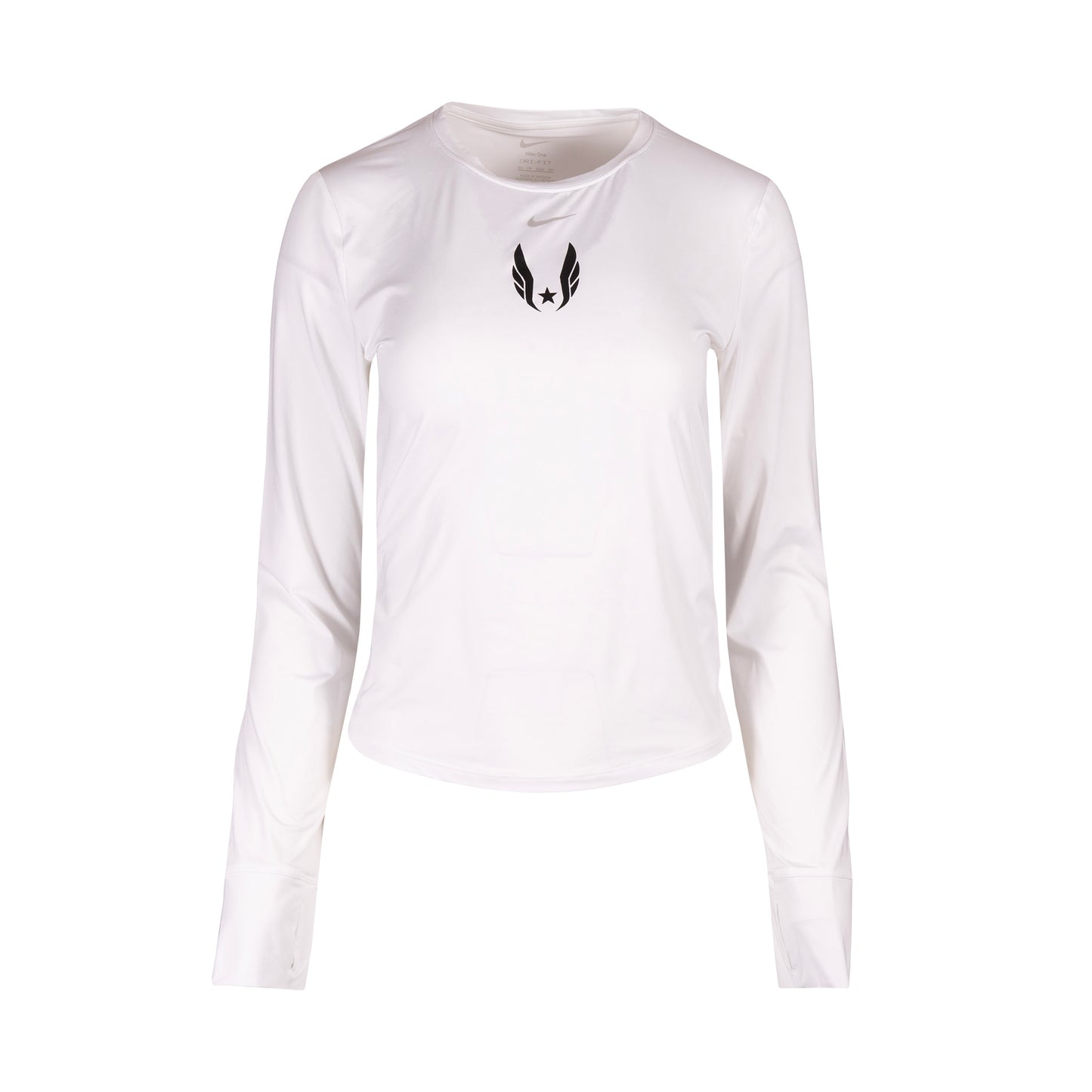 White long-sleeve shirt with black USA Track and Field Wings logo on a white background