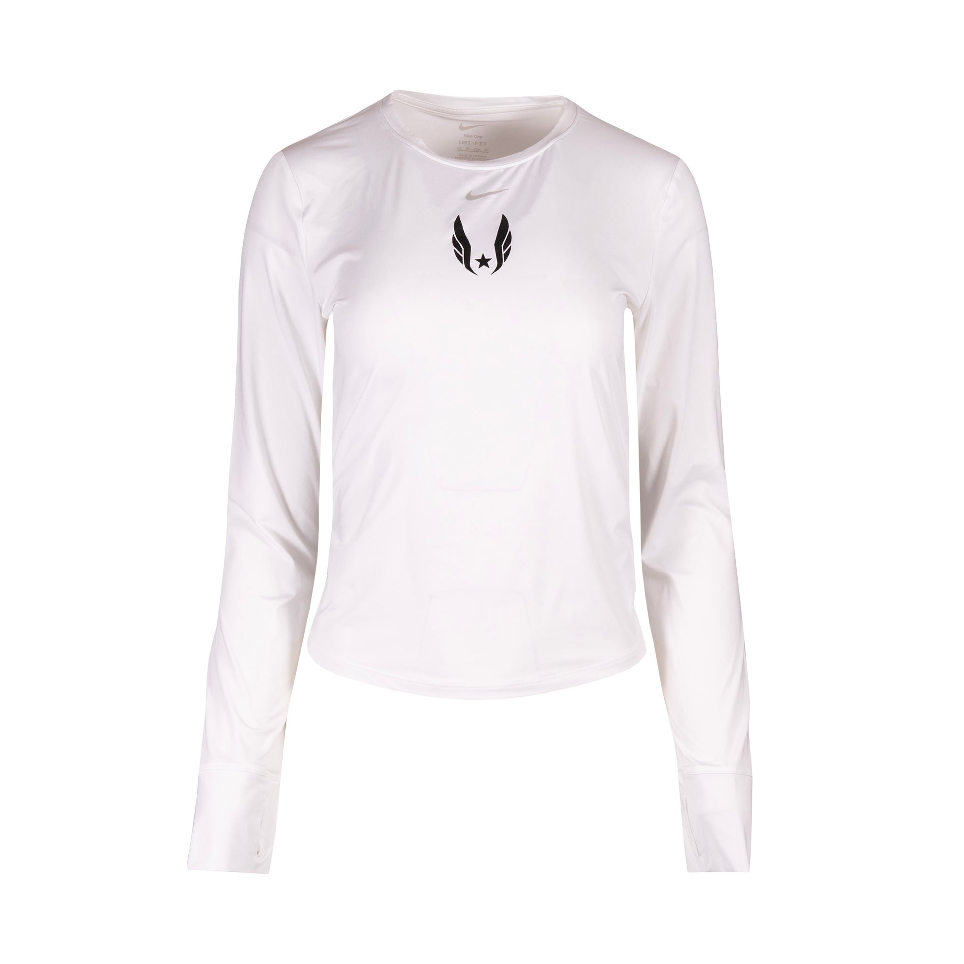 White long-sleeve shirt with black USA Track and Field Wings logo on a white background