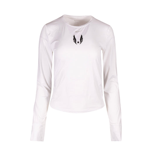 White long-sleeve shirt with black USA Track and Field Wings logo on a white background