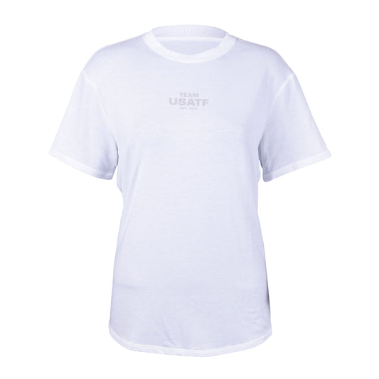 A white, short-sleeved Nike Dri-FIT top with a relaxed fit and the USATF logo on the chest.