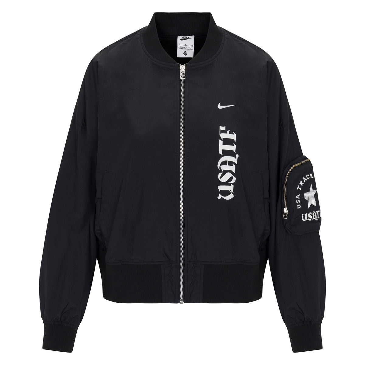Nike USATF Women's Oversized Black Bomber Jacket with full zipper and embroidered details.