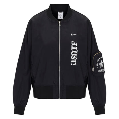 Nike USATF Women's Oversized Black Bomber Jacket with full zipper and embroidered details.