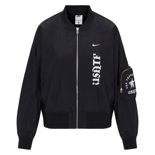 Nike USATF Women's Oversized Black Bomber Jacket with full zipper and embroidered details.