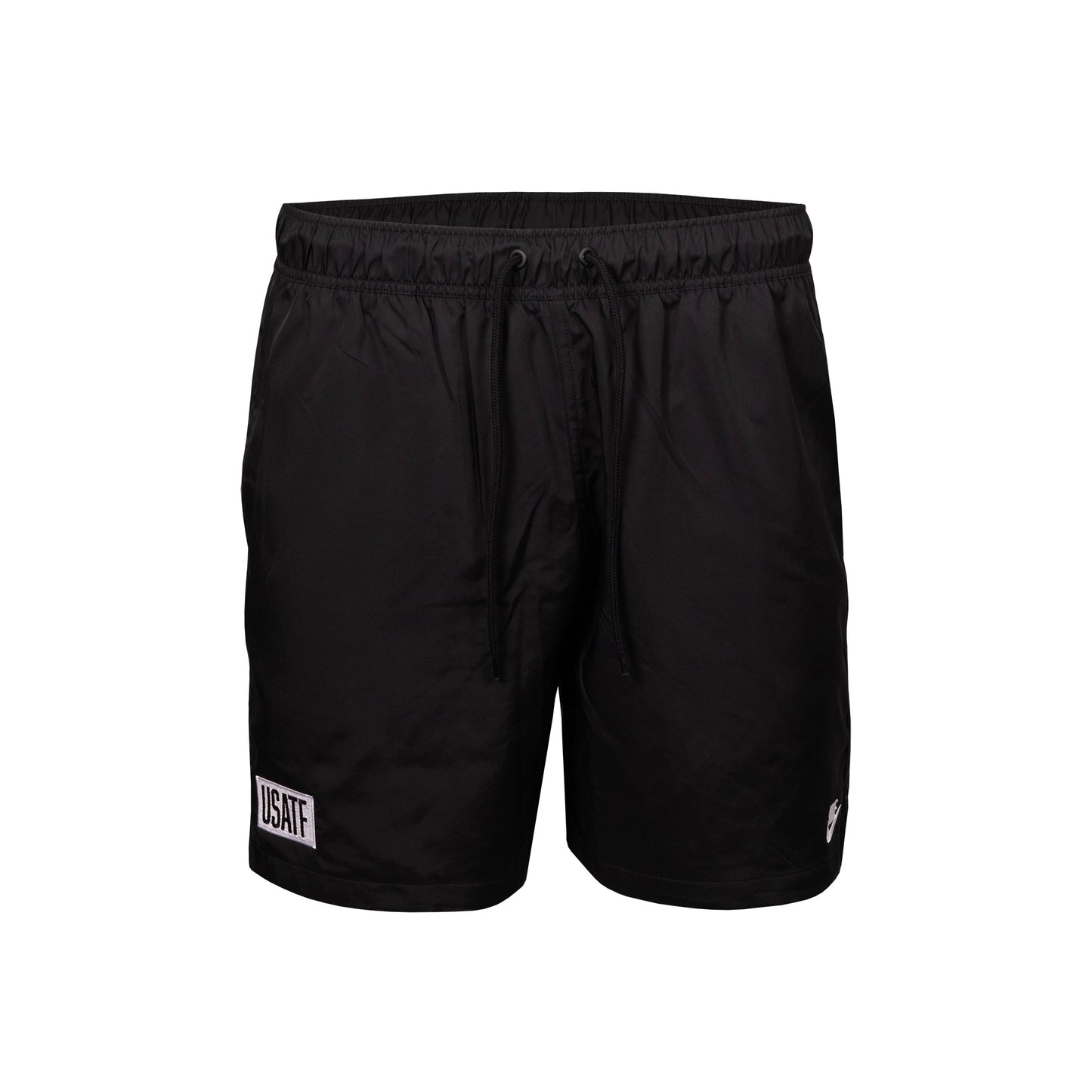 Black shorts with a USATF brand logo on a white background