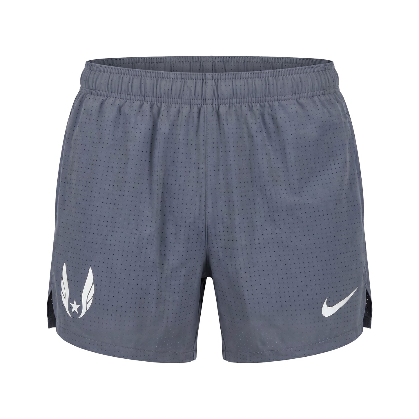 Gray athletic shorts with a USATF wing logo on a white background