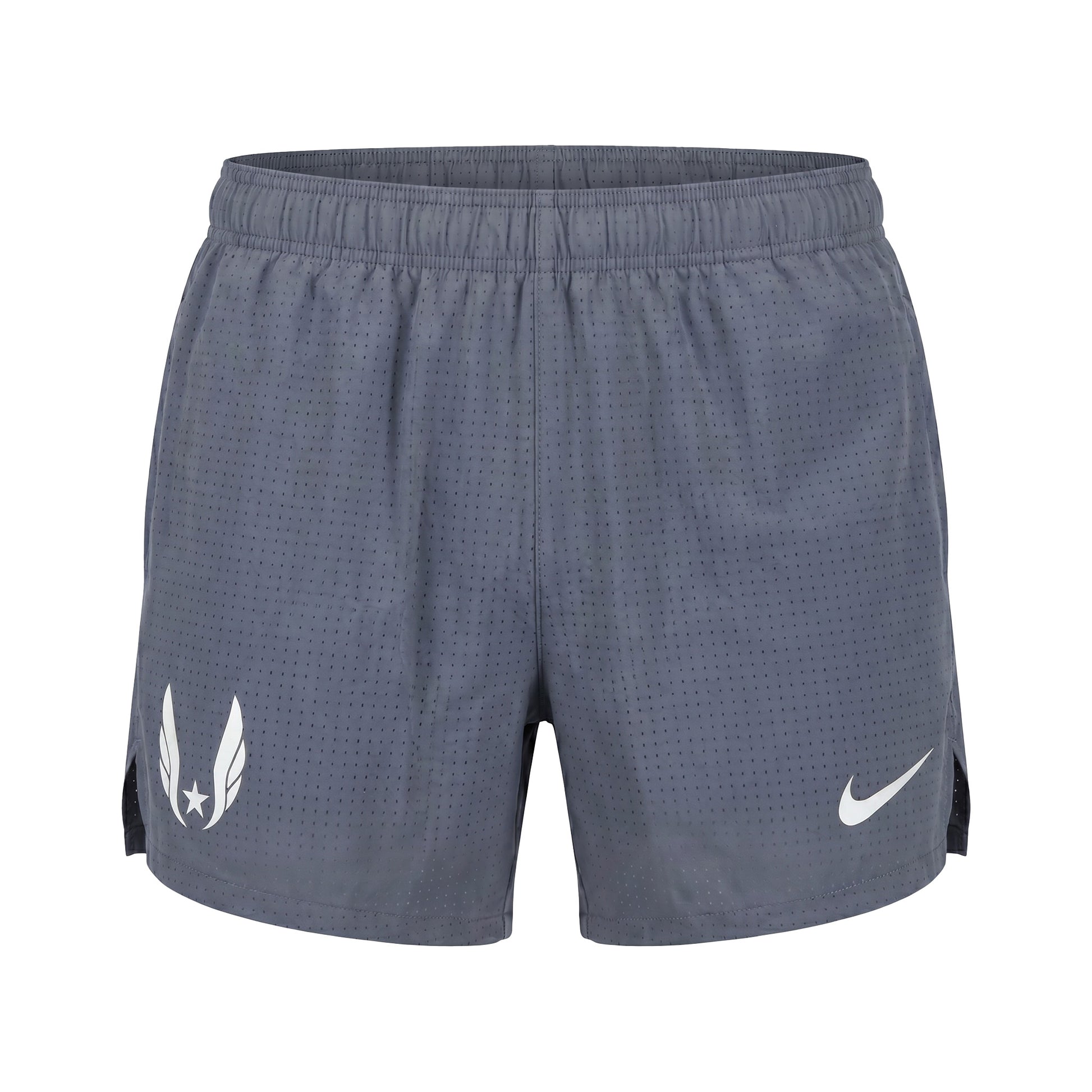 Gray athletic shorts with a USATF wing logo on a white background
