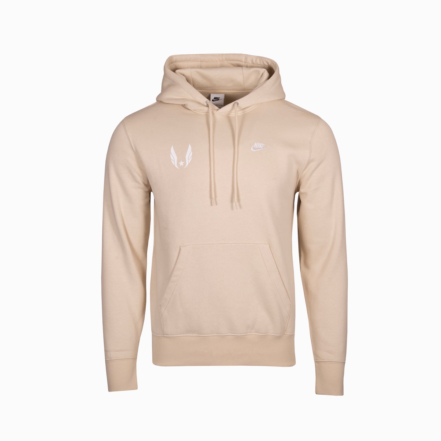 Beige hoodie with white USA Track & Field wing logo on wearer's right chest on a white background