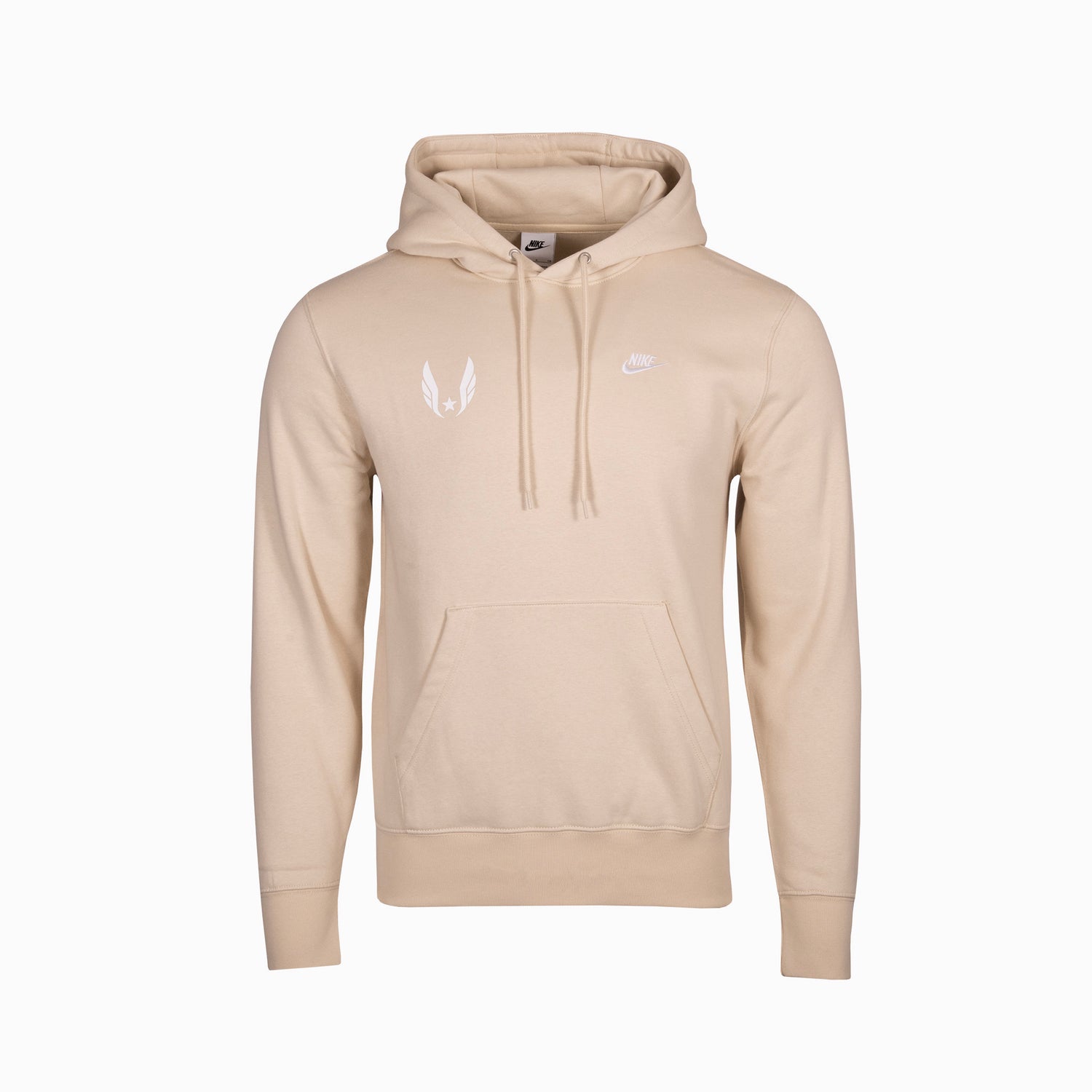 Beige hoodie with white USA Track & Field wing logo on wearer's right chest on a white background