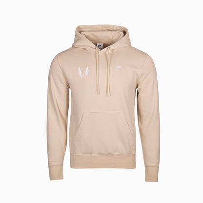 Beige hoodie with white USA Track & Field wing logo on wearer's right chest on a white background
