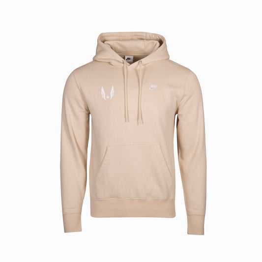 Beige hoodie with white USA Track & Field wing logo on wearer's right chest on a white background