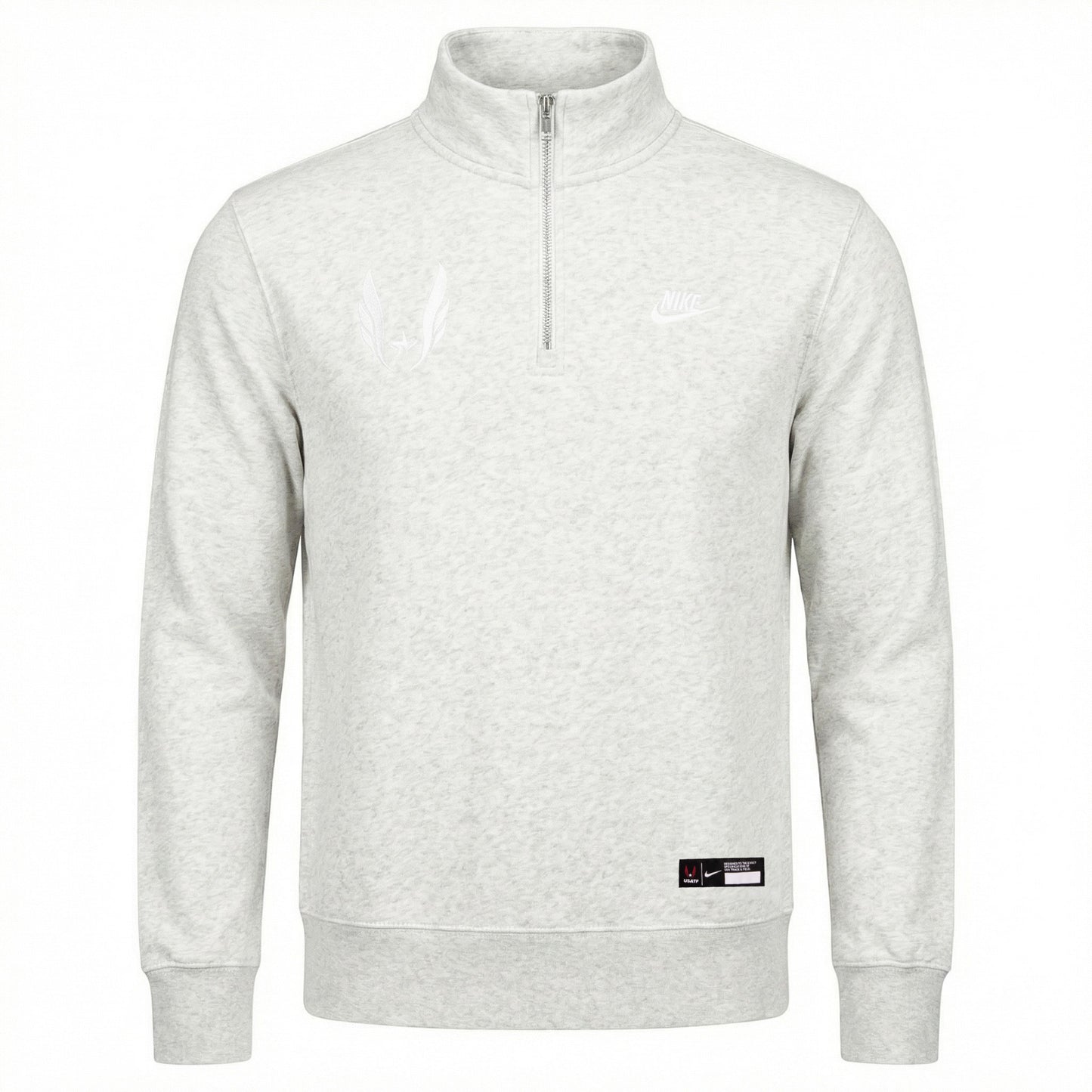 Light gray sweatshirt with a brand logo on a white background