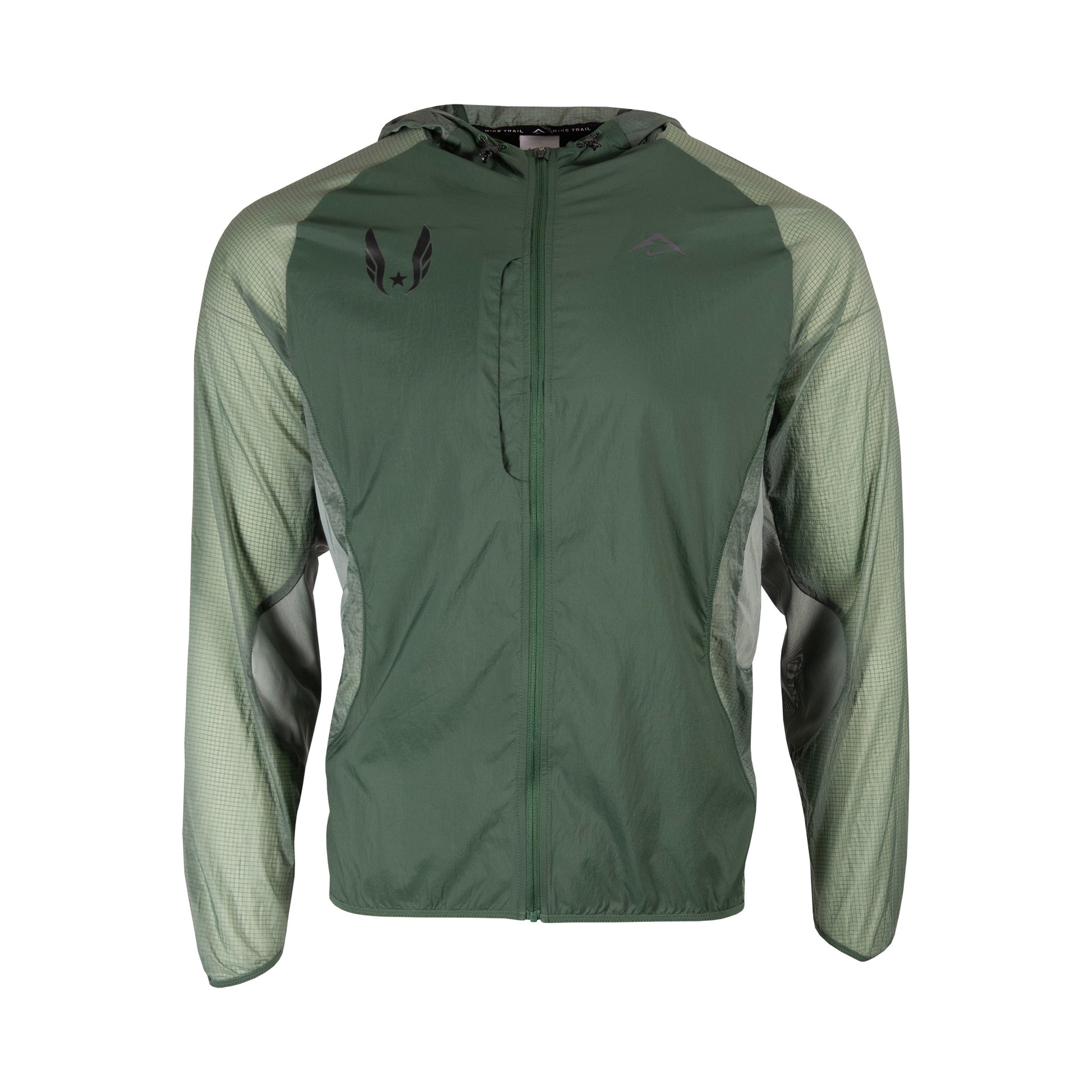 Green jacket with a hood on a white background
