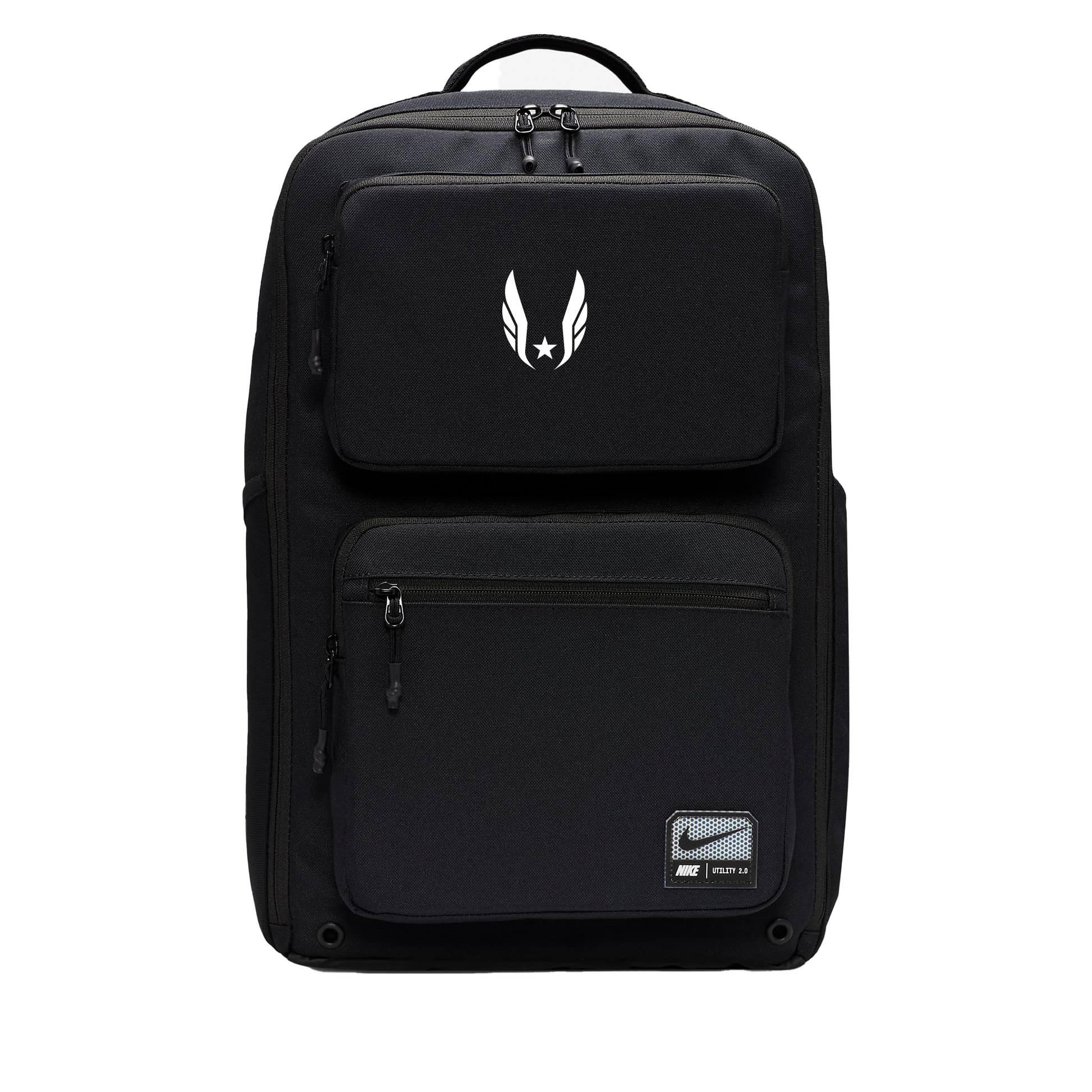 Black backpack with a logo on a white background