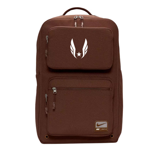 Brown backpack with a logo on a white background