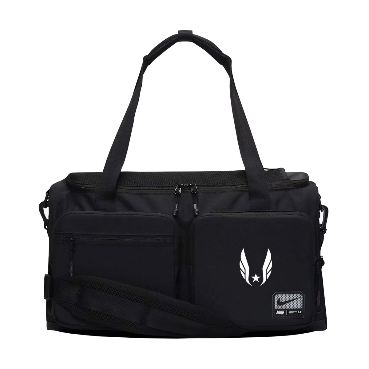 Black duffel bag with Nike logo on a white background