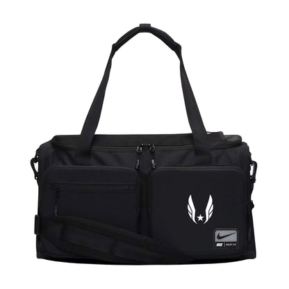 Black duffel bag with Nike logo on a white background