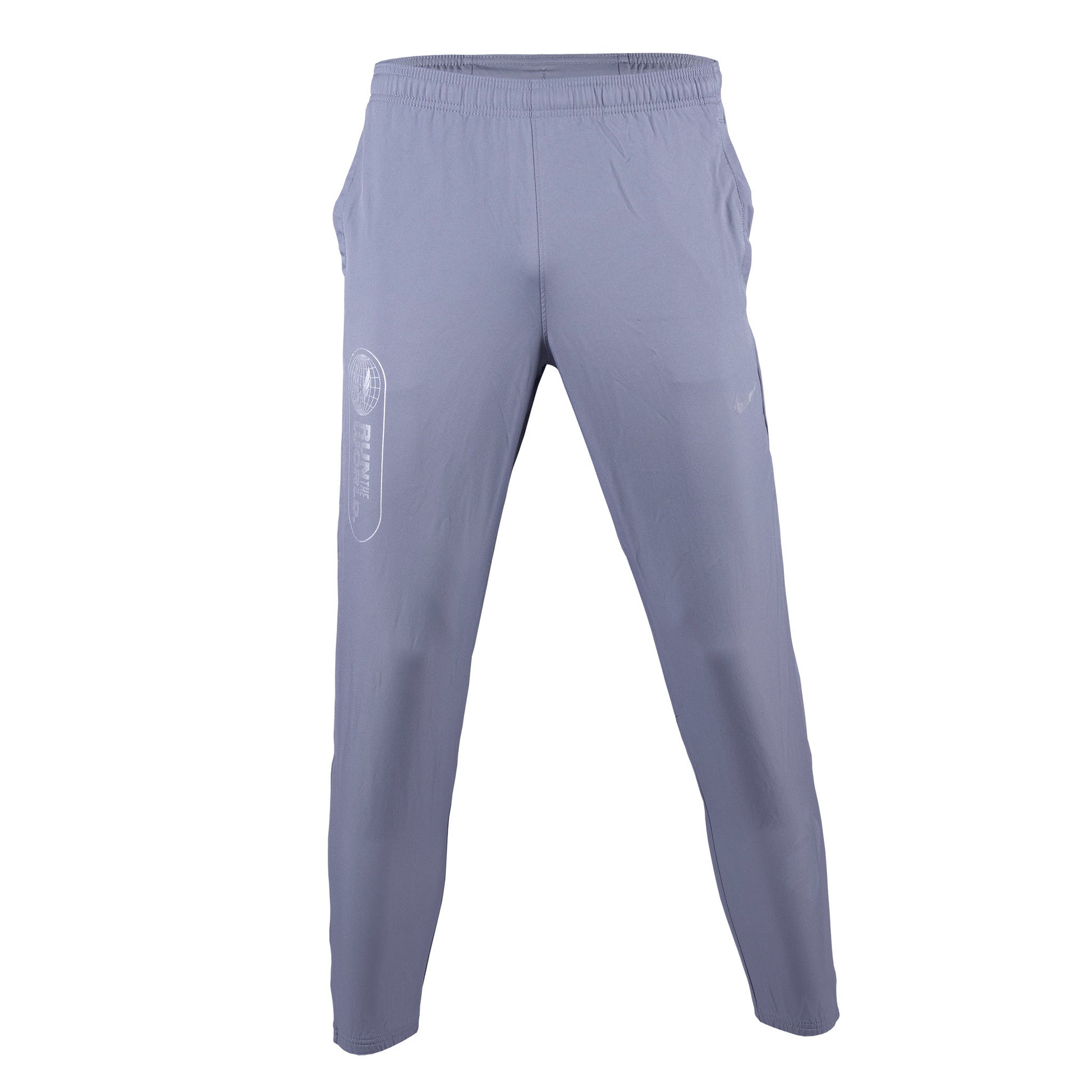 A pair of gray Nike USATF Challenger Men's Dri-FIT Woven Running Pants with visible pockets and reflective elements.