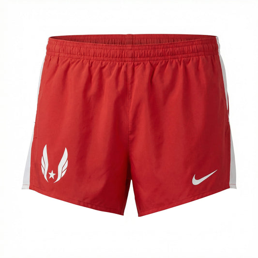 Red athletic shorts with a logo on a white background
