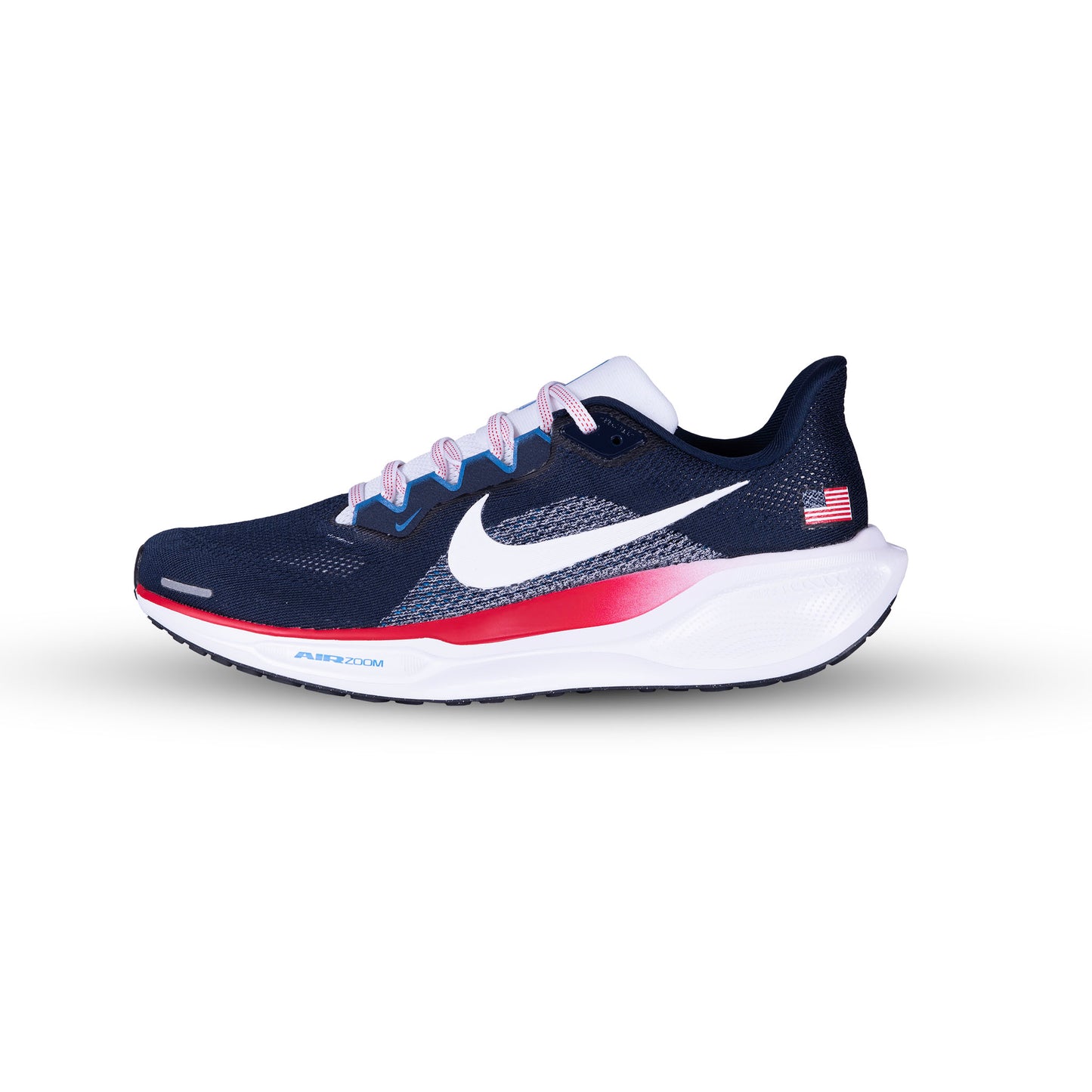 Nike USATF Men's Air Zoom Pegasus 41 running shoe with blue, white, and red color scheme and a white Nike logo on the side.