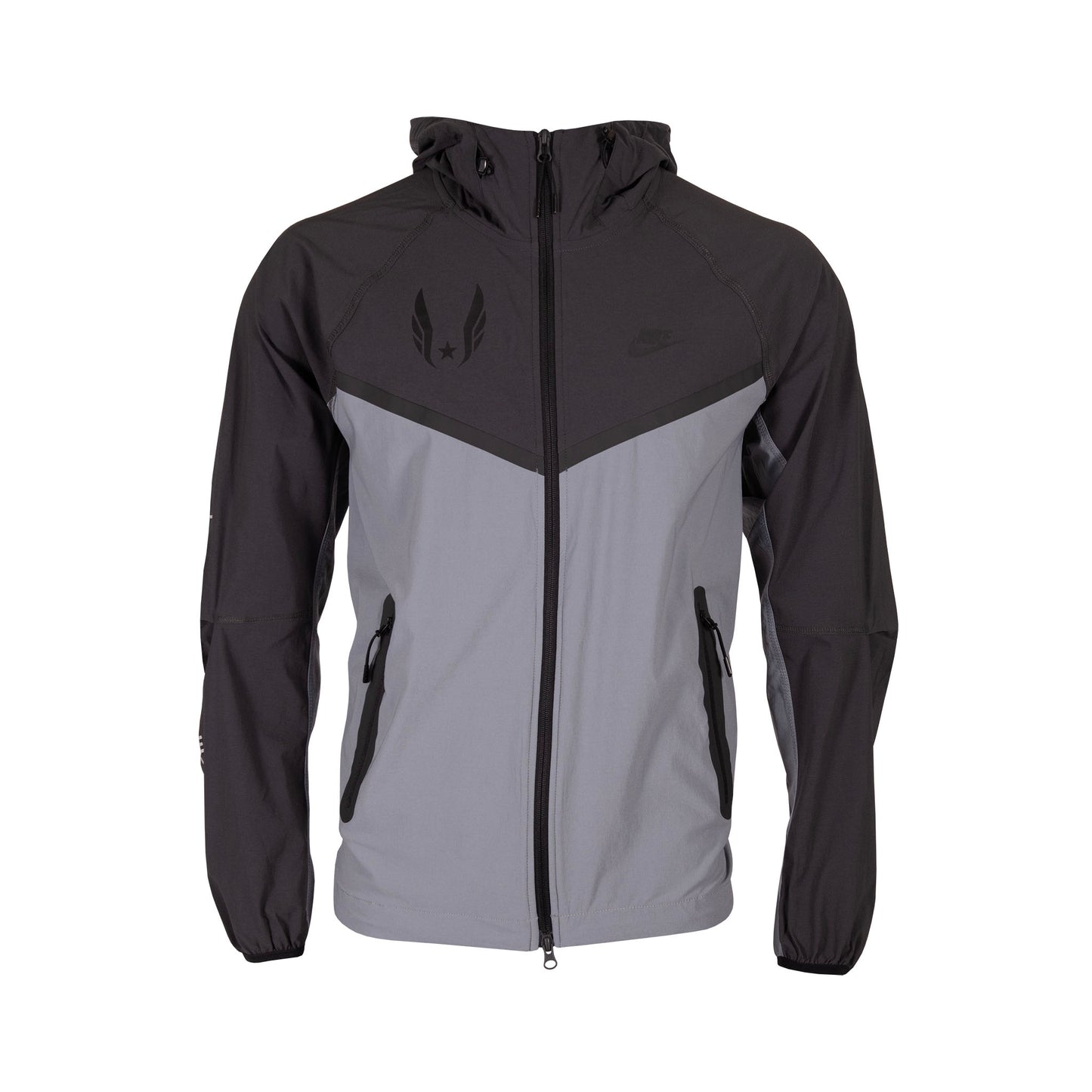 Black and gray jacket with a brand logo on a white background