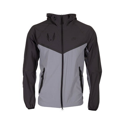 Black and gray jacket with a brand logo on a white background