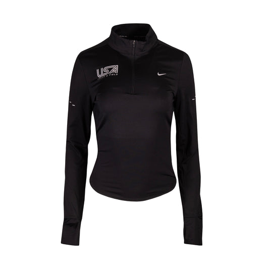Black Nike long-sleeve half zip athletic top with USA Track & Field in reflective silver on right chest.