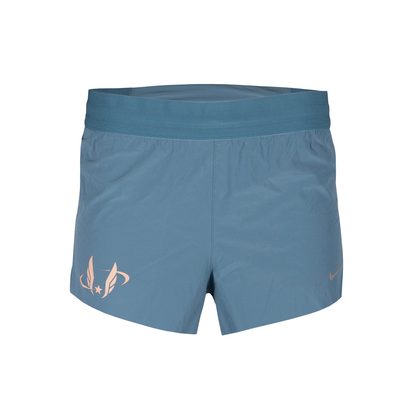 Teal Nike running shorts with a USATF wing logo on a white background