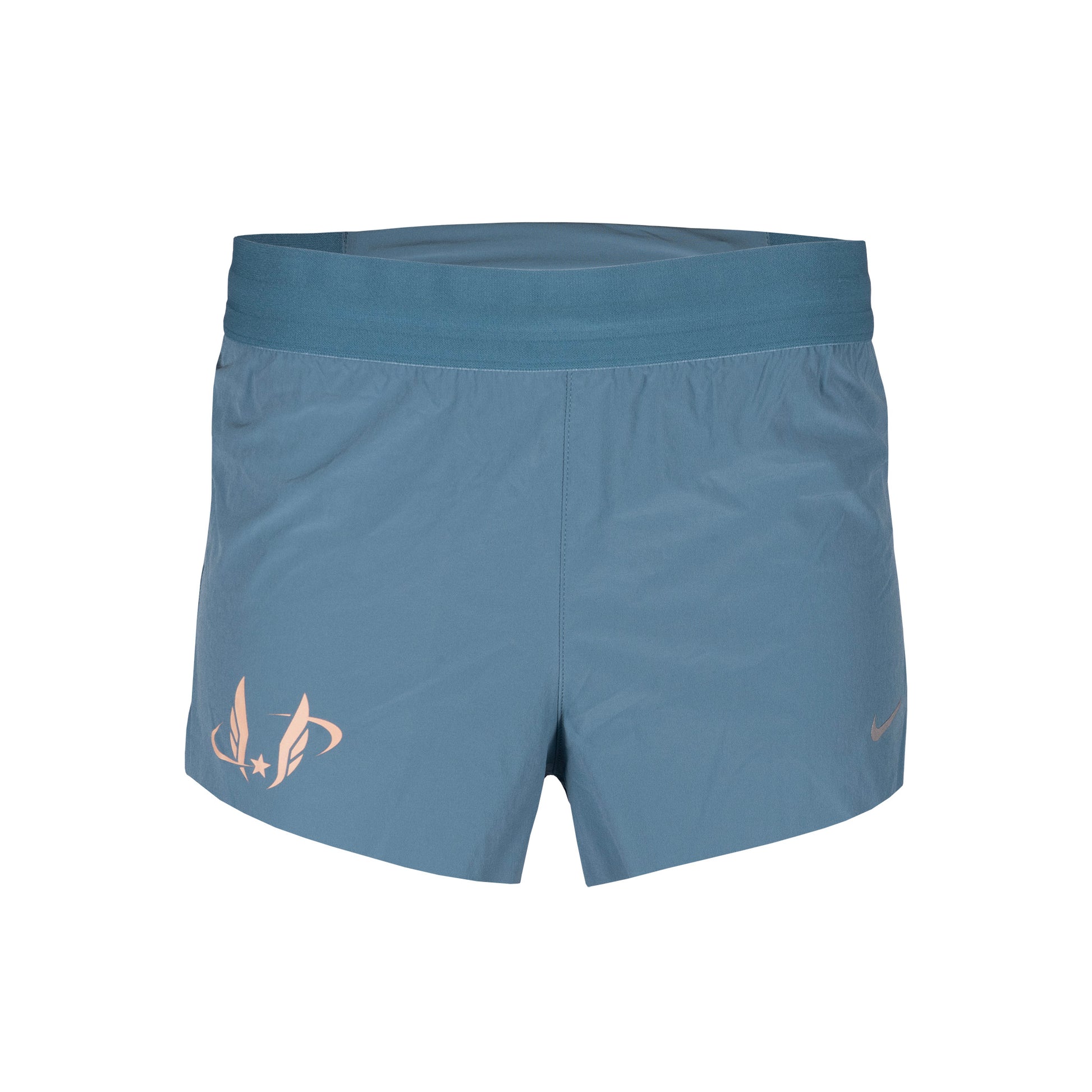 Teal Nike running shorts with a USATF wing logo on a white background