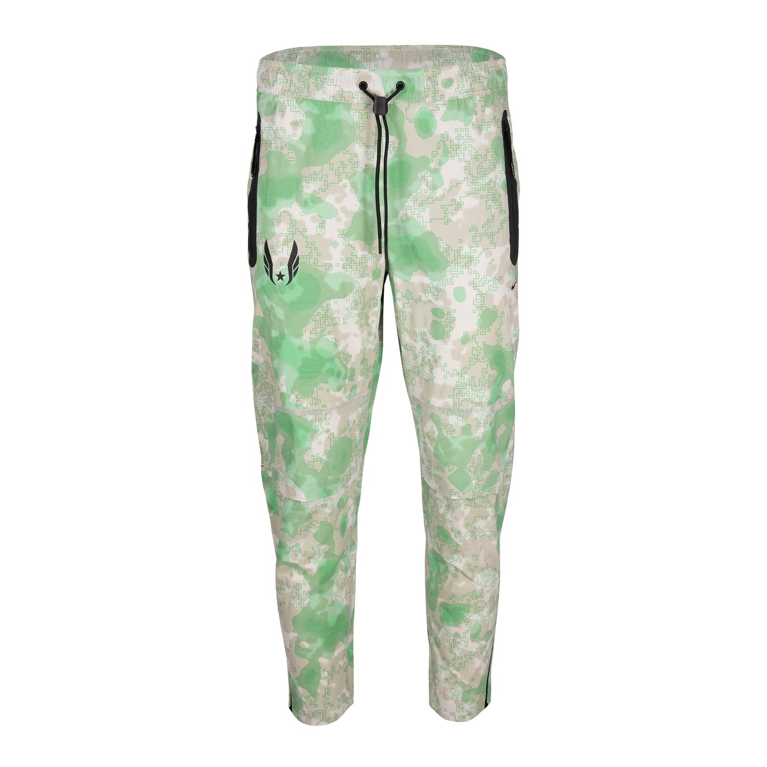 Green and white camouflage pants with a brand logo on a white background