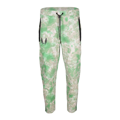 Green and white camouflage pants with a brand logo on a white background