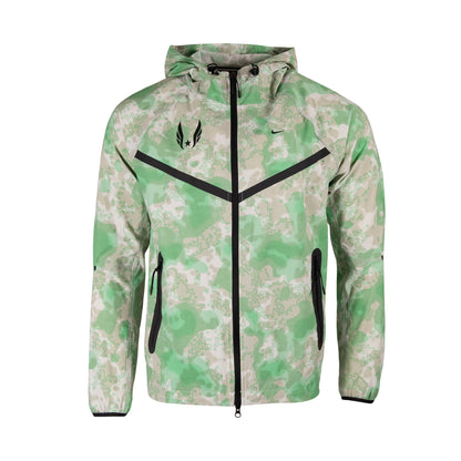 Green camouflage jacket with black accents on a white background