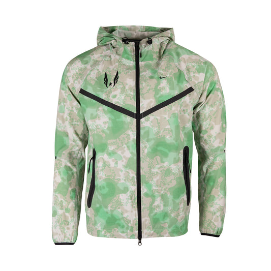Green camouflage jacket with black accents on a white background