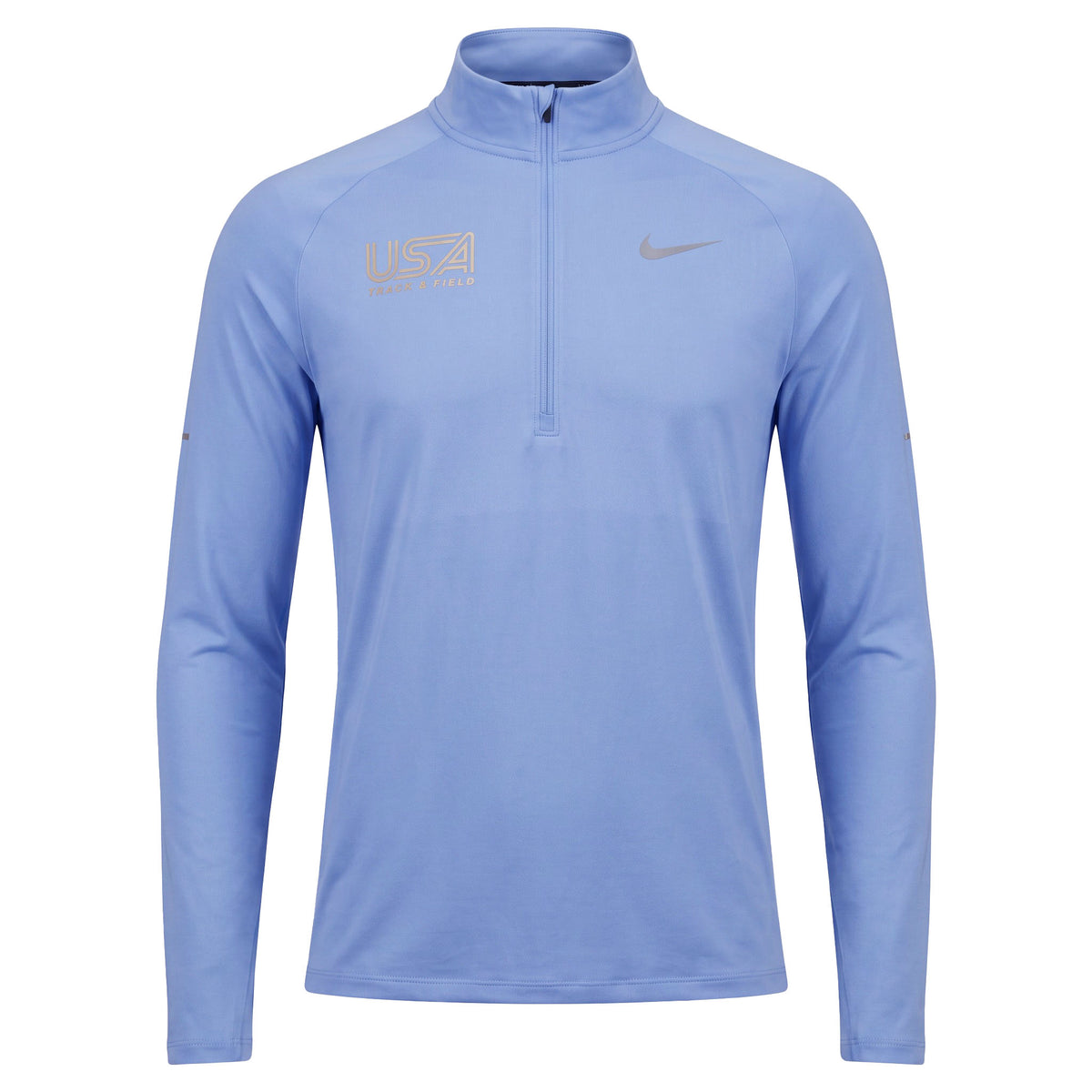 A light blue Nike long-sleeve quarter-zip athletic pullover with silver reflective USA Track & Field on wearer's right chest, shown on a plain white background.