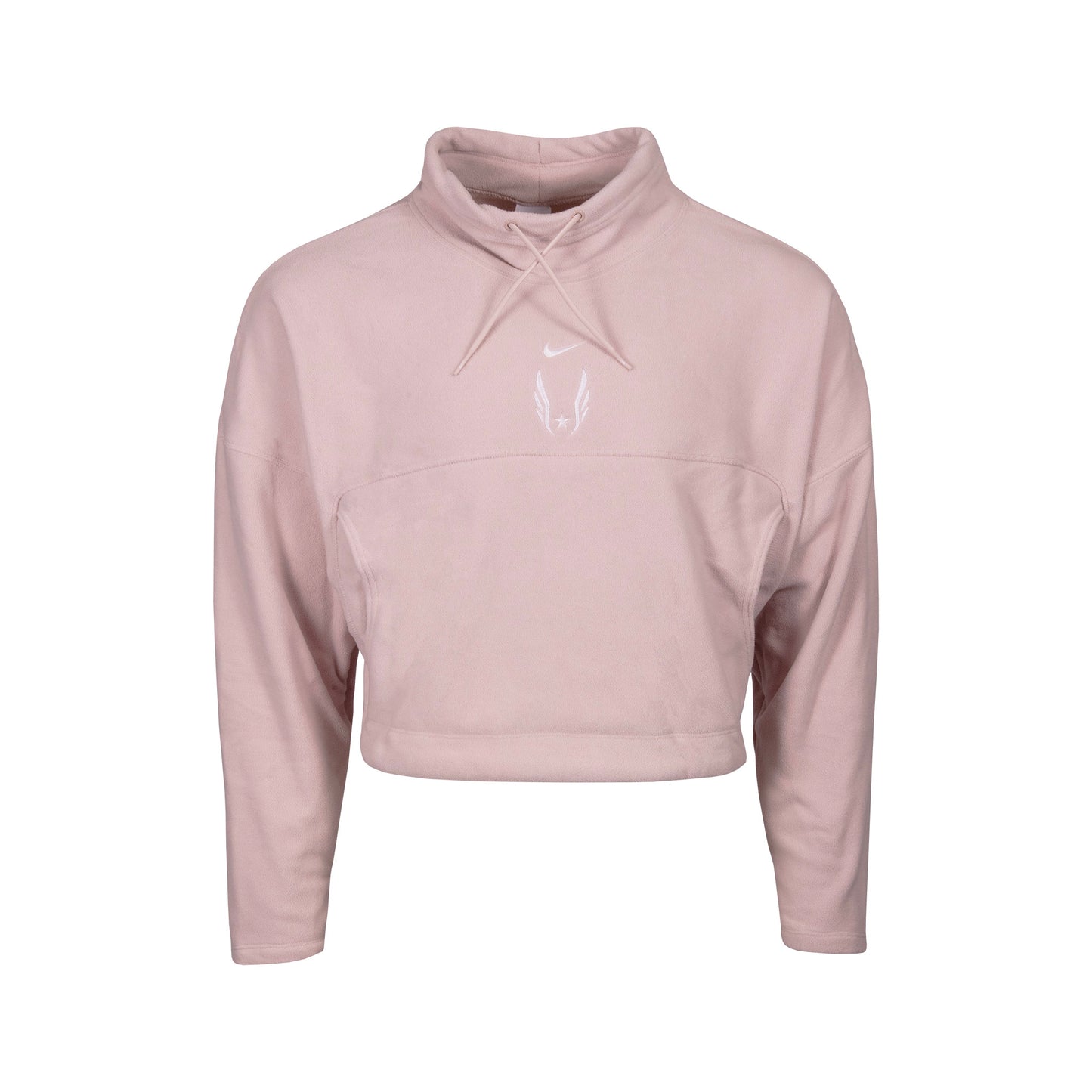 Light pink Nike cropped hoodie with a Nike swoosh and USA Track and Field wing logo on a white background