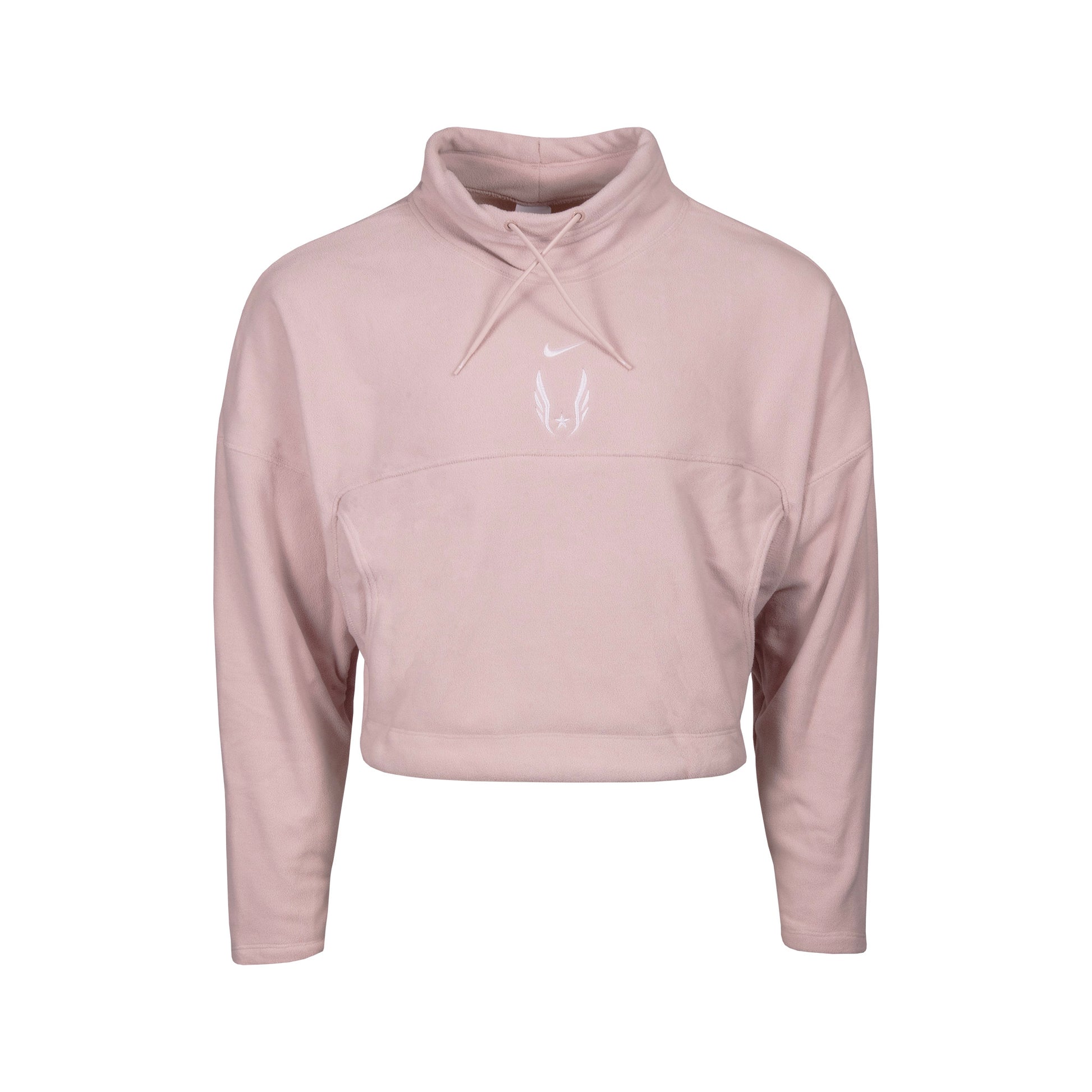 Light pink Nike cropped hoodie with a Nike swoosh and USA Track and Field wing logo on a white background